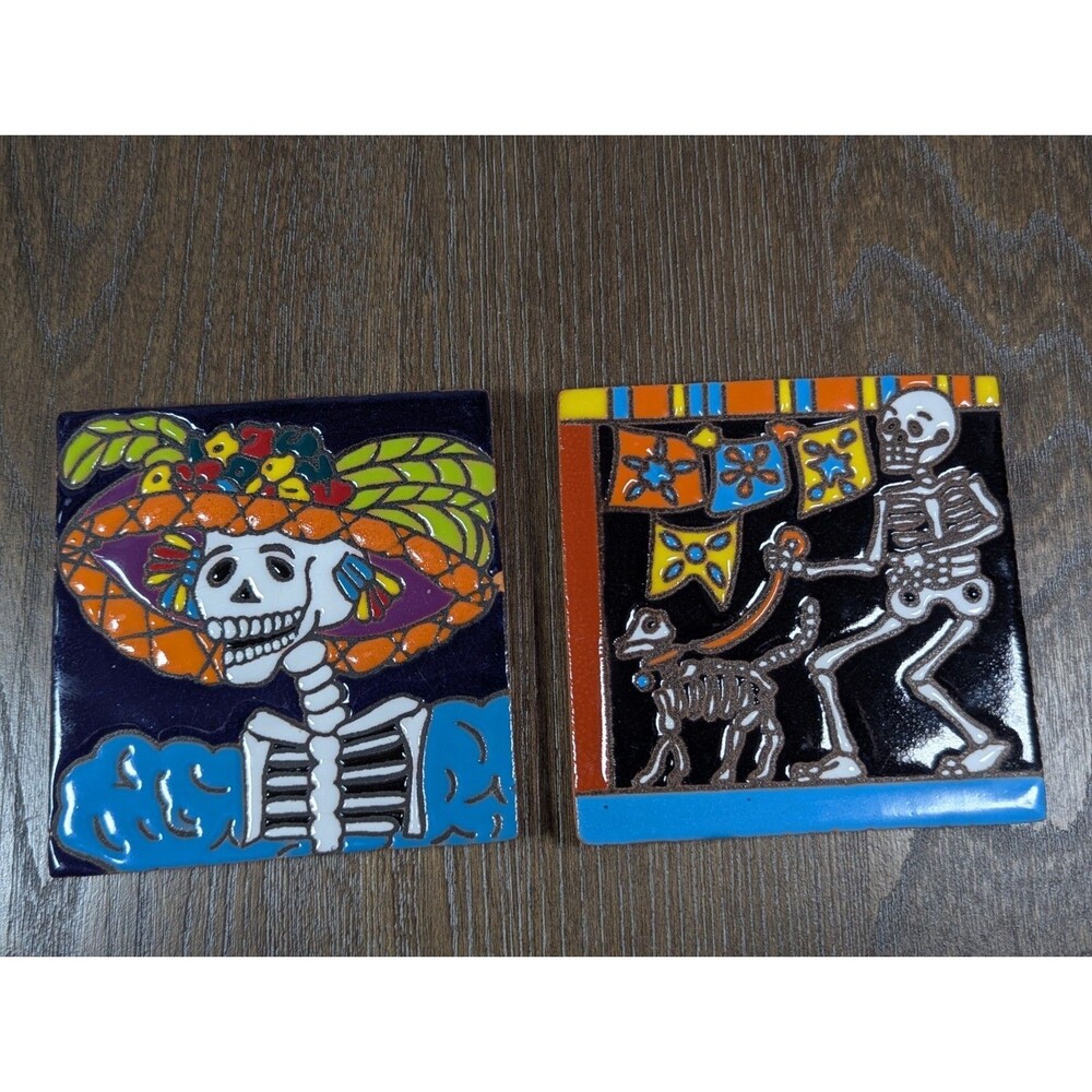 LOT OF 2 Day of Dead Mexican Tiles Woman With Hat Skeleton Walking Dog Colorful